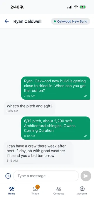ConvoCrate conversation with the Oakwood New Build crate shown in its header.